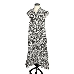 SUZY D Cream Black Zebra Pattern Button Front Midi Dress Linen Women's Size S